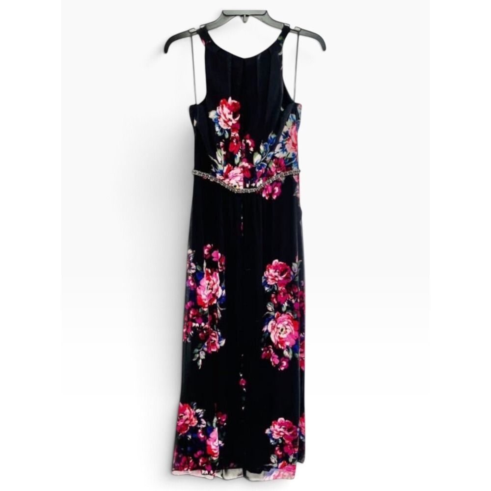 NWT SLNY Black Magenta Floral Halter Chiffon Maxi Dress Size 16 Rhinestone Waist
